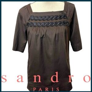 Sandro Paris Brown Black Embroidery Boatneck Elbow Sleeve Cotton Top (4)